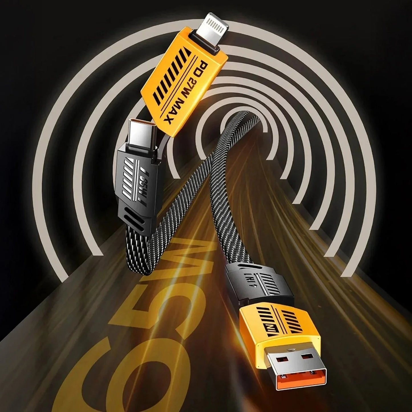 Super Sonic Fast Charging 4-in-1 65W Fast Charging Flat Nylon Braided Data Sync Cable With USB, Lightning, C-Type Ports