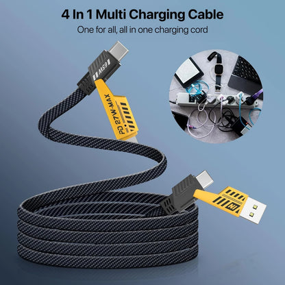 Super Sonic Fast Charging 4-in-1 65W Fast Charging Flat Nylon Braided Data Sync Cable With USB, Lightning, C-Type Ports