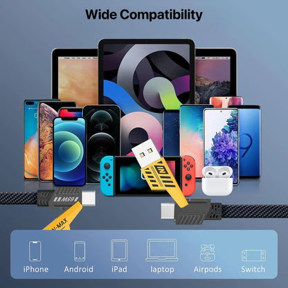 Super Sonic Fast Charging 4-in-1 65W Fast Charging Flat Nylon Braided Data Sync Cable With USB, Lightning, C-Type Ports