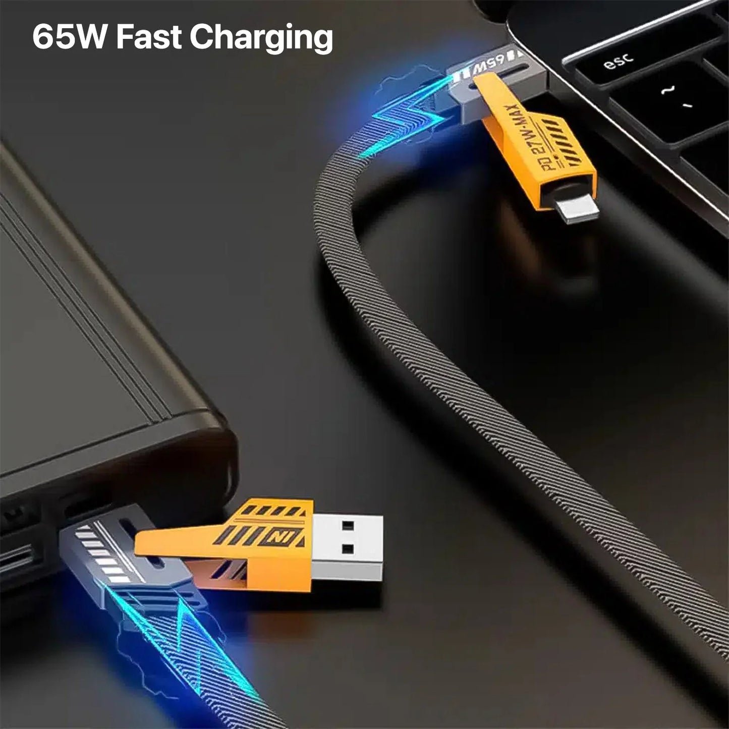 Super Sonic Fast Charging 4-in-1 65W Fast Charging Flat Nylon Braided Data Sync Cable With USB, Lightning, C-Type Ports