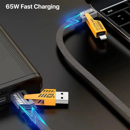 Super Sonic Fast Charging 4-in-1 65W Fast Charging Flat Nylon Braided Data Sync Cable With USB, Lightning, C-Type Ports