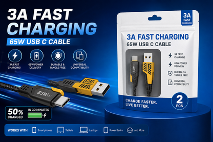 Super Sonic C2 Fast Charging 4-in-1 65W Fast Charging Flat Nylon Braided Data Sync Cable With USB, Lightning, C-Type Ports PACK OF 2