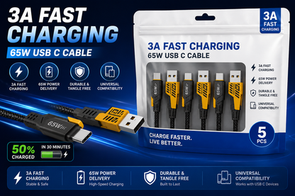 Super Sonic C5 Fast Charging 4-in-1 65W Fast Charging Flat Nylon Braided Data Sync Cable With USB, Lightning, C-Type Ports PACK OF 5