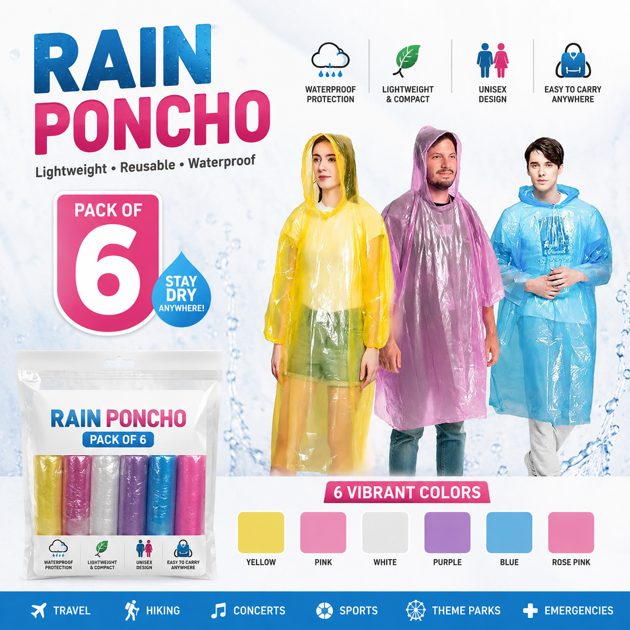 BOLDLETTER Poncho Raincoat with Hood Water Resistant Rain Protection Rainsuit Reusable Raingear for Outdoor Traveling (Random Color, Pack of 6)