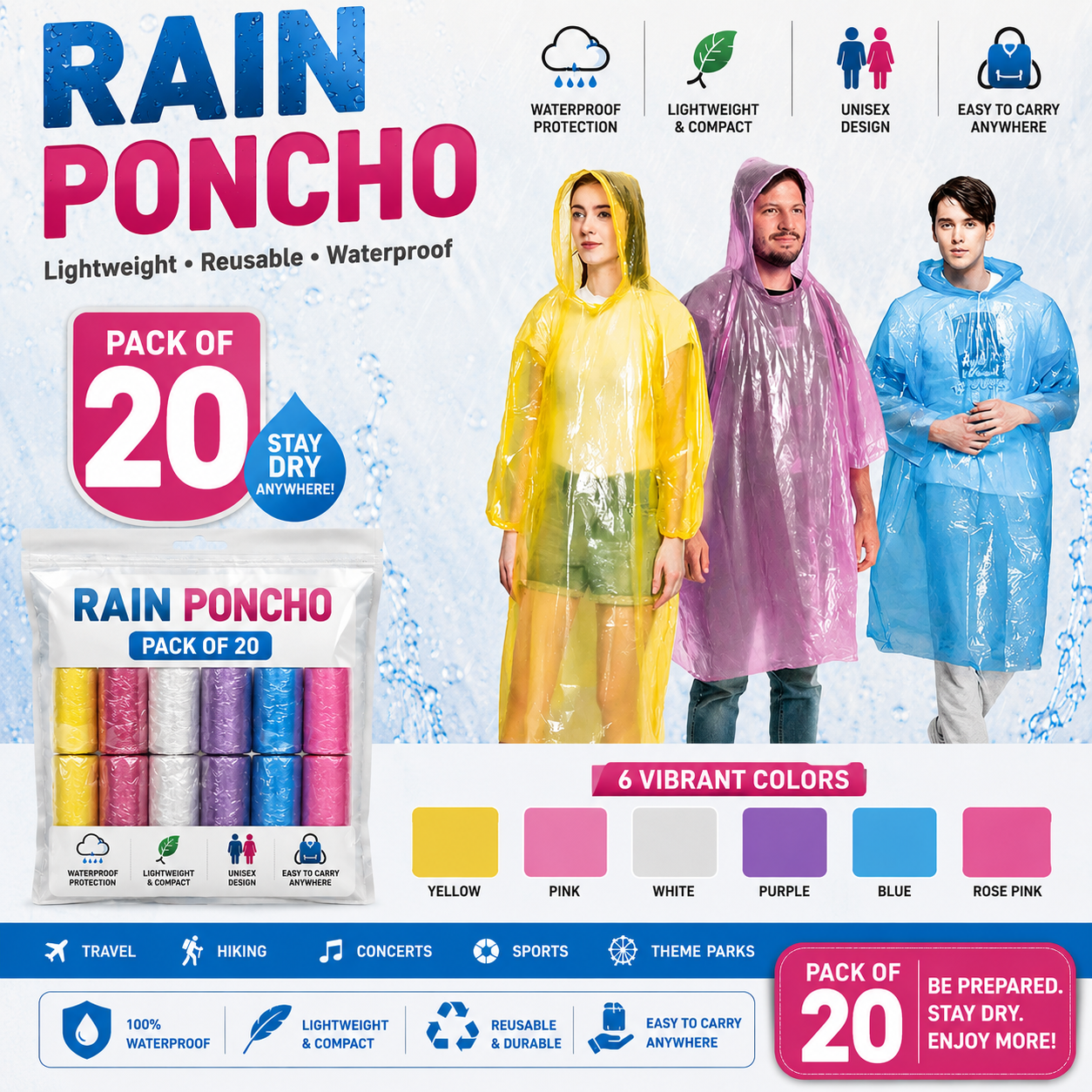 BOLDLETTER Poncho Raincoat with Hood Water Resistant Rain Protection Rainsuit Reusable Raingear for Outdoor Traveling (Random Color, Pack of 20)