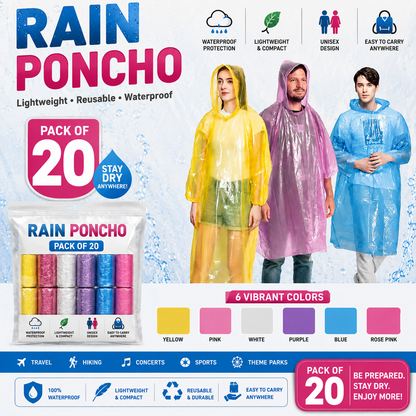 BOLDLETTER Poncho Raincoat with Hood Water Resistant Rain Protection Rainsuit Reusable Raingear for Outdoor Traveling (Random Color, Pack of 20)