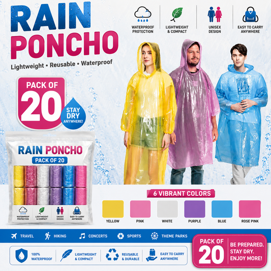 BOLDLETTER Poncho Raincoat with Hood Water Resistant Rain Protection Rainsuit Reusable Raingear for Outdoor Traveling (Random Color, Pack of 20)