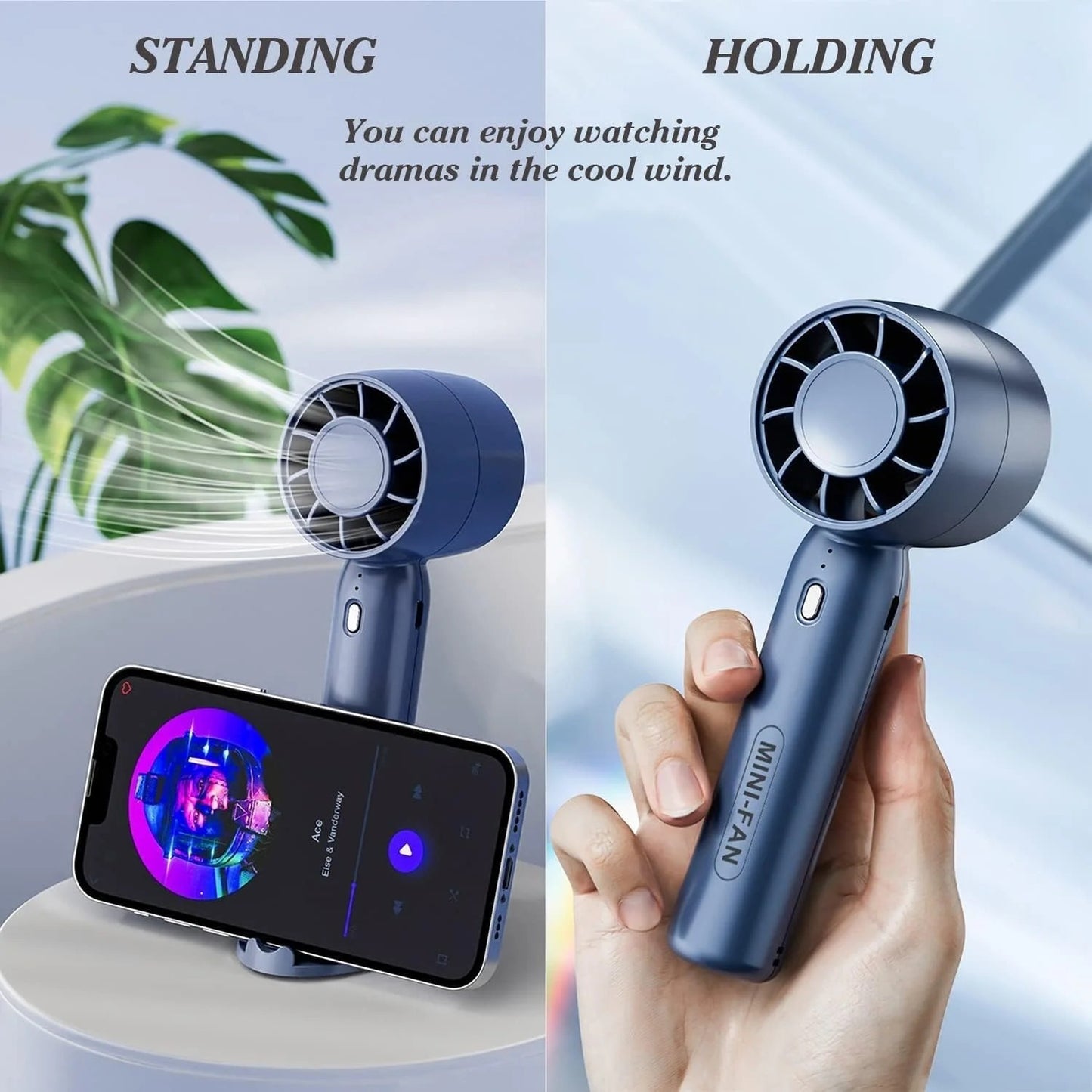 SMART T - 10Mini Handheld Fan, Cell Phone Holder Design Table Fan, 2000mAh Battery, Rechargeable Fan, Handheld Cooling Fan, 3 Speed Desk Fan for Dorm Bedroom (Blue)